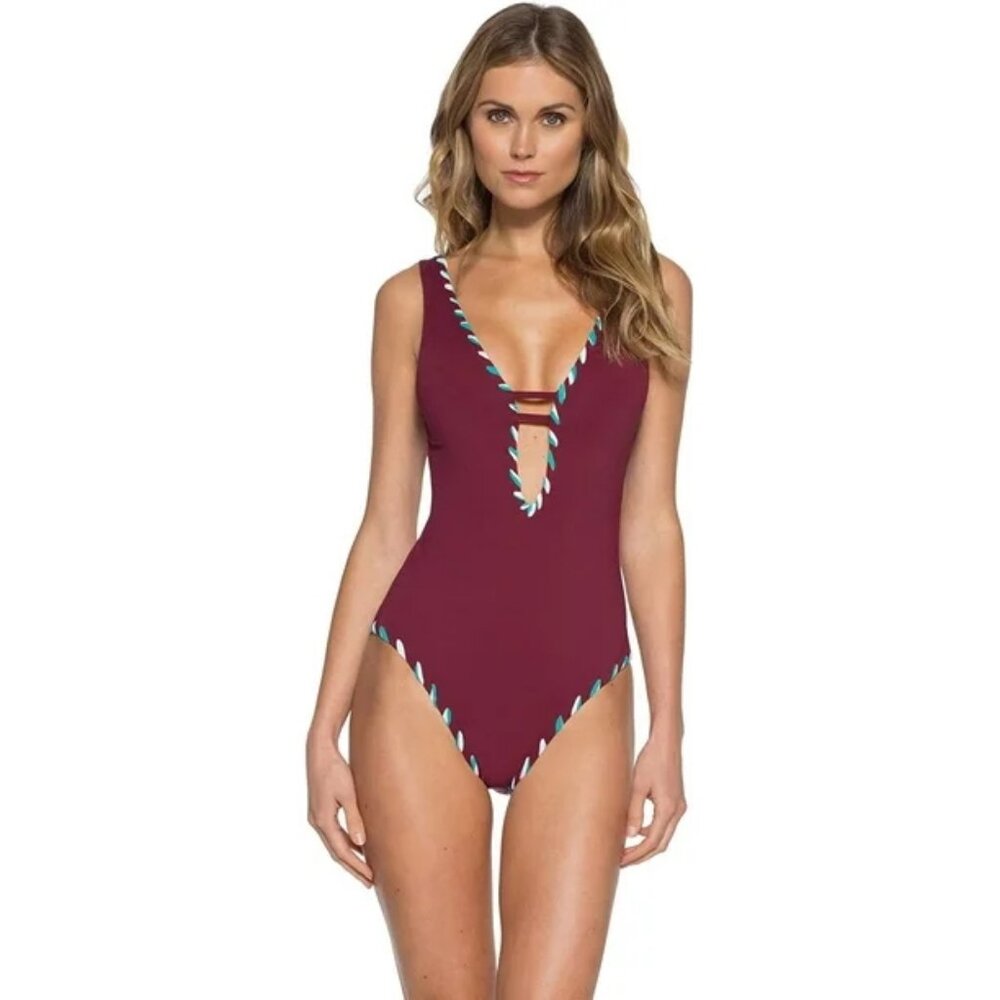 NWOT Becca by Rebecca Virtue Women’s Reversible Plunge Swim, Burgundy Size 8